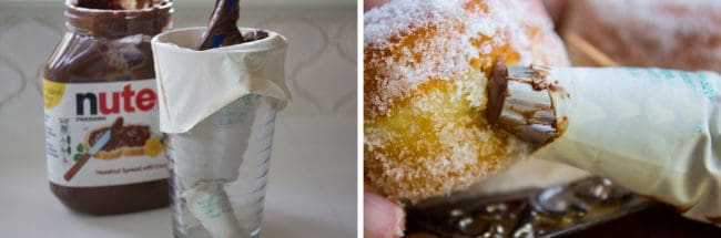 a bottle of nutella and a piping bag for a donut recipe - nutella filled