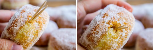 Toothpicks in doughnuts showing how to stuff donuts with nutella filling