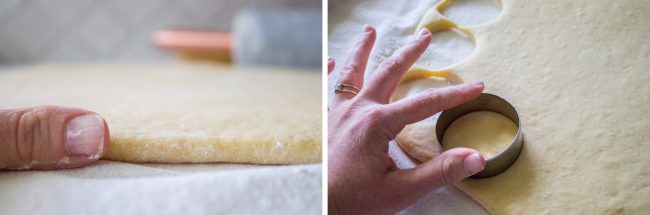 dough rolled out to cut, cutting dough with biscuit cutter