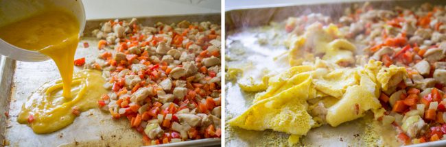 Pouring eggs onto pan with veggies