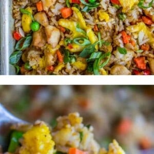 A baking sheet filled with colorful chicken fried rice featuring chunks of chicken, peas, carrots, red peppers, and scrambled eggs. A close-up shows a spoonful with vibrant veggies, rice, and tender chicken pieces.