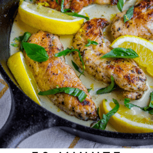 a cast iron skillet with chicken in lemon basil cream sauce.