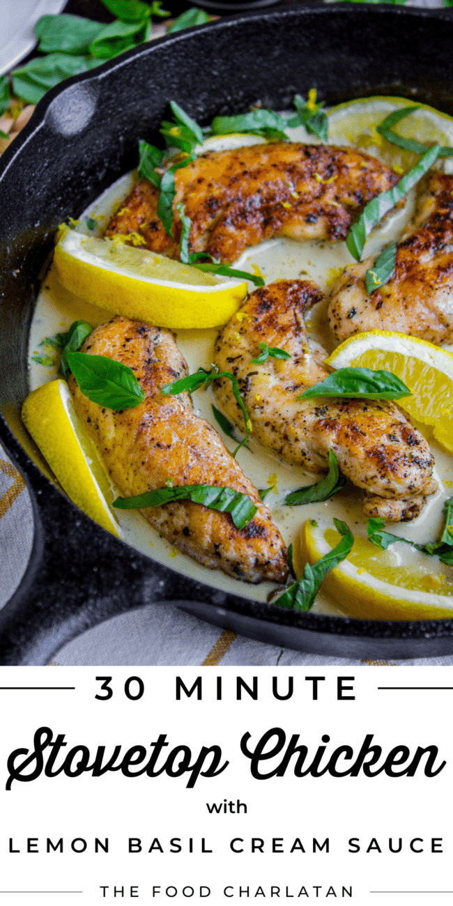 a cast iron skillet with chicken in lemon basil cream sauce.