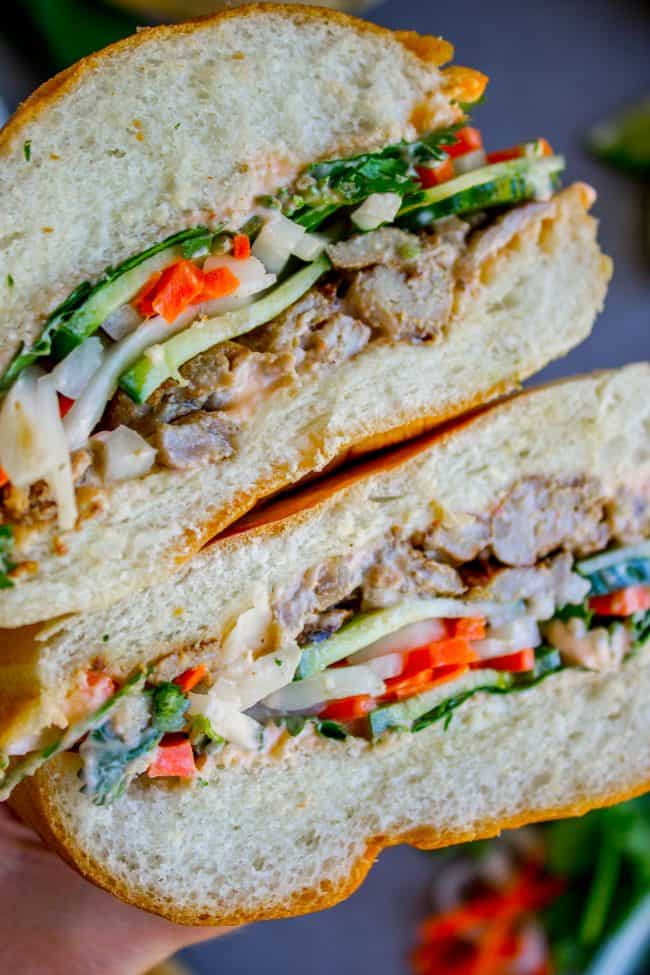 banh mi sandwich cut in half.