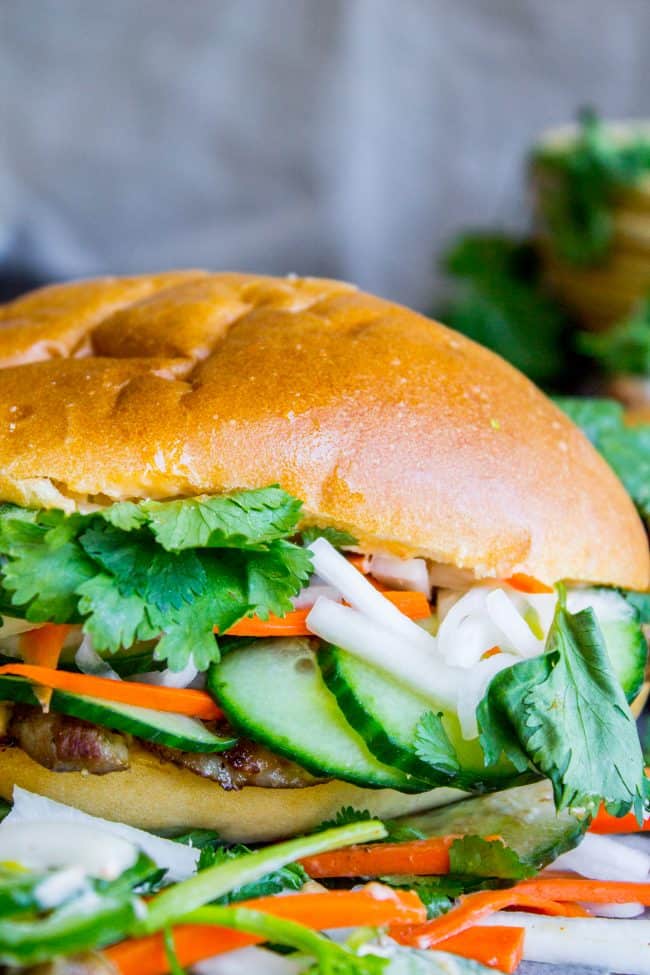 banh mi sandwich with lots of fresh veggies.