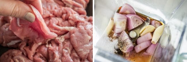 thinly sliced pork, vegetables and oil for making a marinade.