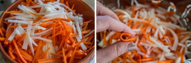 carrots and daikon radish thinly cut for pickling.