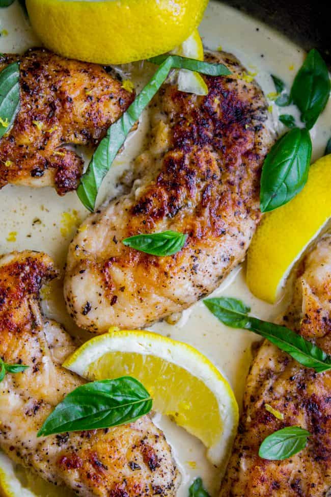 Pan Seared Lemon Chicken with Basil Cream Sauce