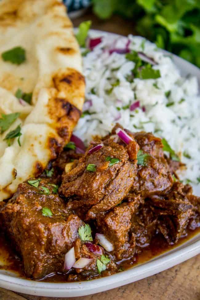 beef curry with rice and naan. 