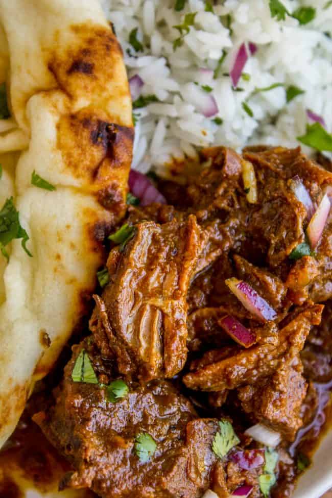 slow cooker beef curry with rice and naan. 