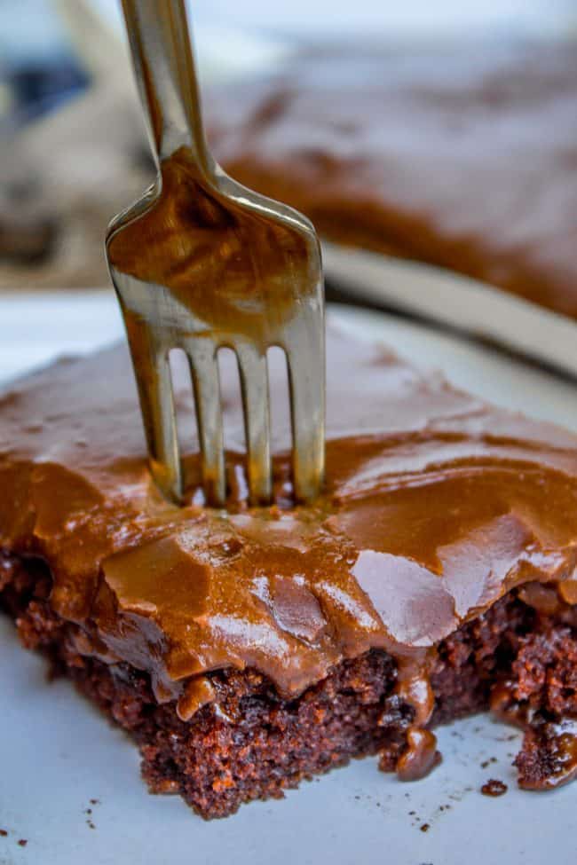 texas sheet cake slice with fork in it.