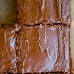 Close up of two slices of chocolate Texas sheet cake
