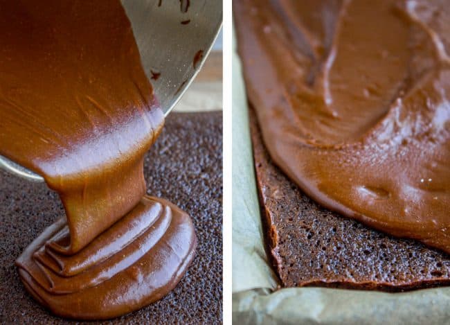 pouring warm frosting onto chocolate cake in a jelly roll pan.