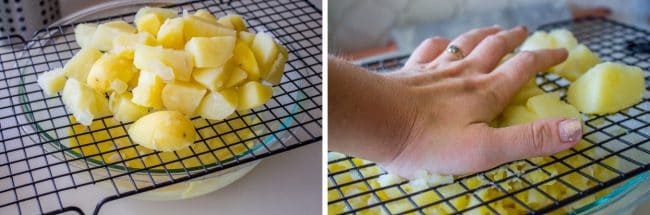 pressing boiled potatoes through a cooling rack. 