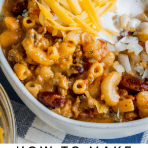 chili mac and cheese in a bowl.