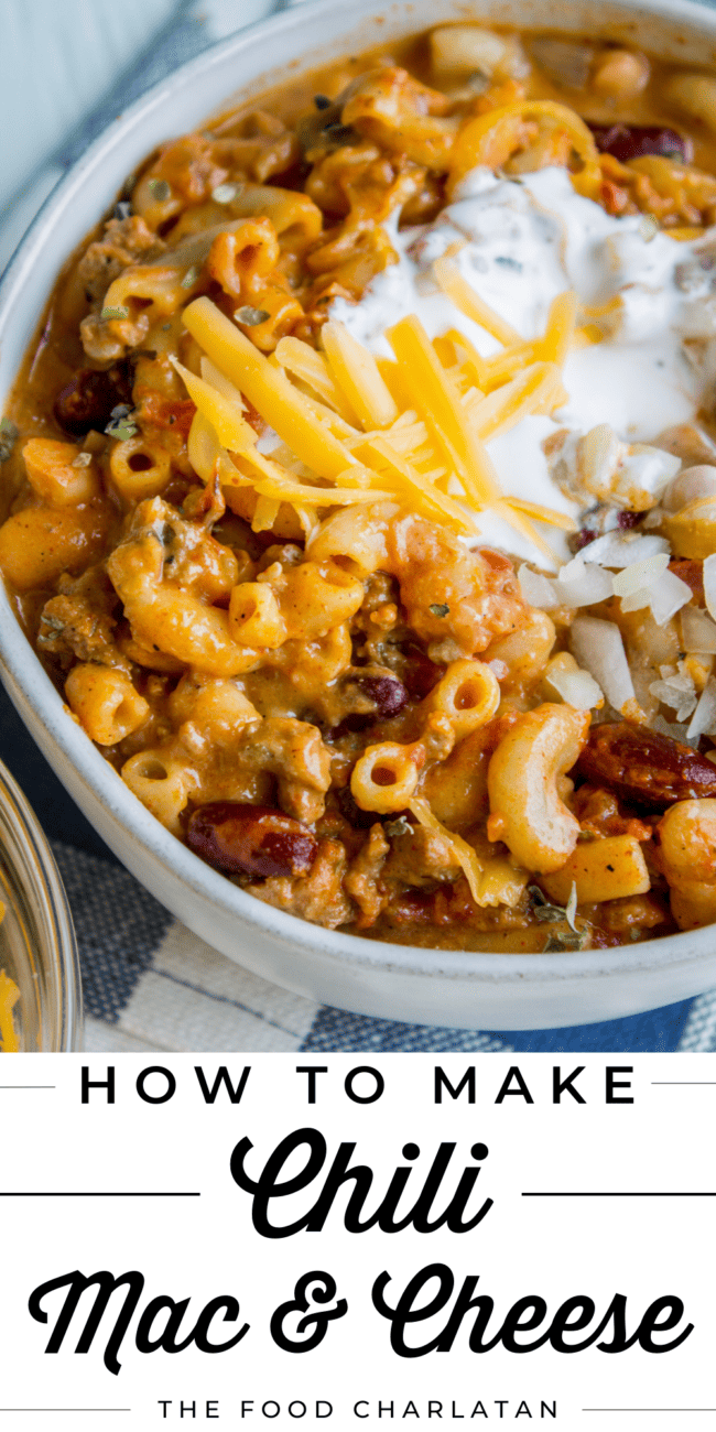 chili mac and cheese in a bowl.