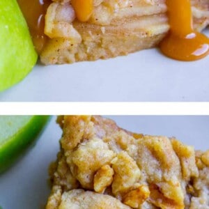 Close-up of a slice of apple crumble cake topped with caramel sauce, featuring layers of apples inside and fresh green apple slices on the side—reminiscent of delicious apple pie bars.