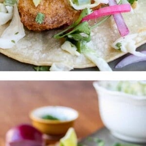Two images of beer battered fish tacos topped with shredded cabbage, creamy sauce, pickled red onions, and fresh cilantro on corn tortillas. The tacos are set on a dark surface with lime wedges and cilantro in the background.