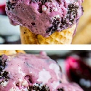 Two scoops of black raspberry ice cream with chunks of chocolate cookies on a cone, shown in a close-up and extreme close-up view, highlighting the texture and mix-ins.