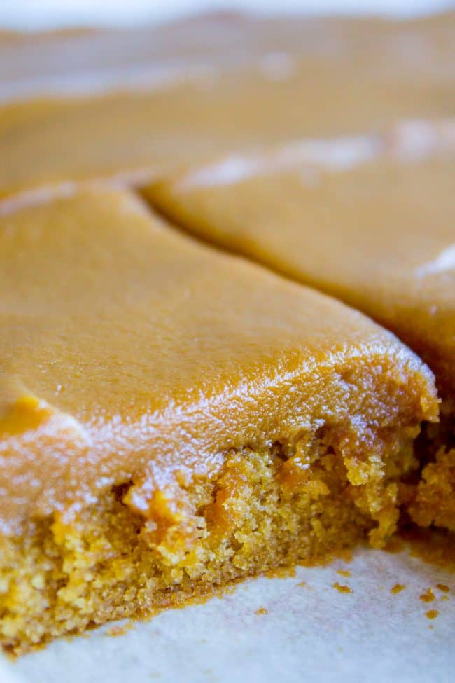 A close-up of a sliced caramel cake with thick, smooth caramel or butterscotch frosting on top, highlighting its moist, golden-brown texture.
