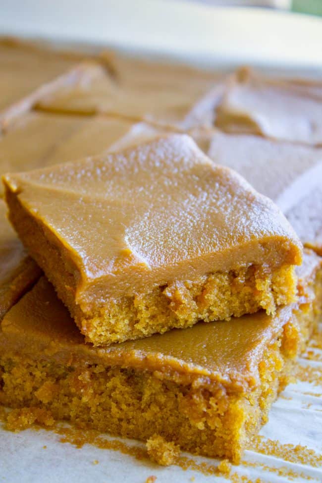 Close up of pieces of caking showing thick caramel icing