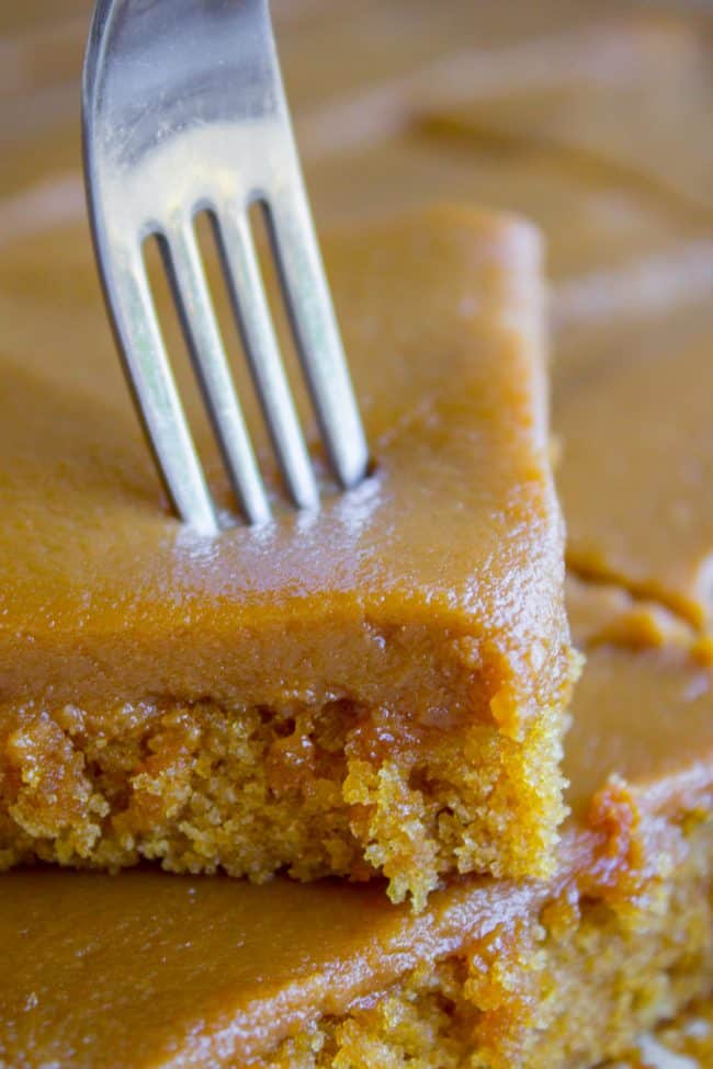 fork cutting into caramel icing