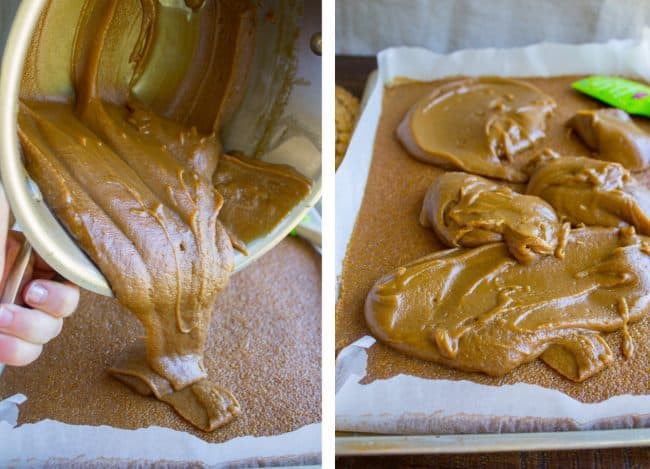 Thick southern caramel frosting flowing from a pot onto a sheet cake