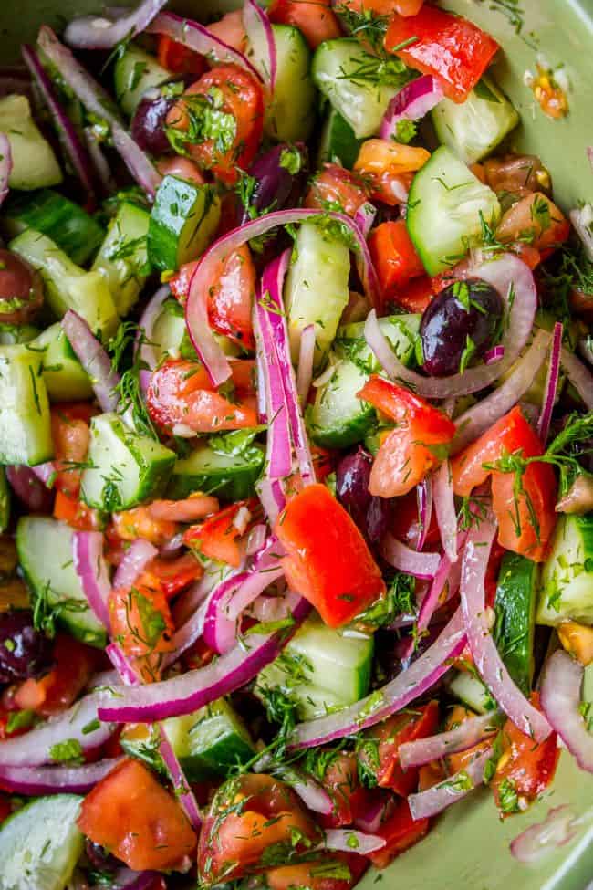 Greek tomato cucumber salad with feta cheese.