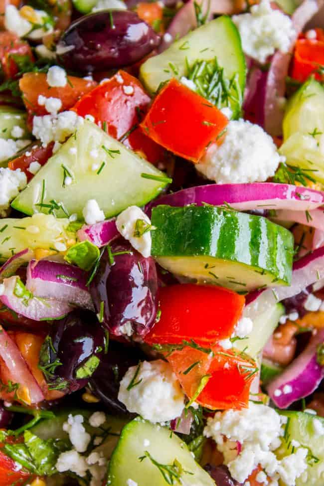 Greek tomato cucumber salad with feta cheese. 