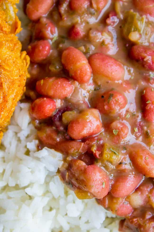 red beans and rice with fried chicken.