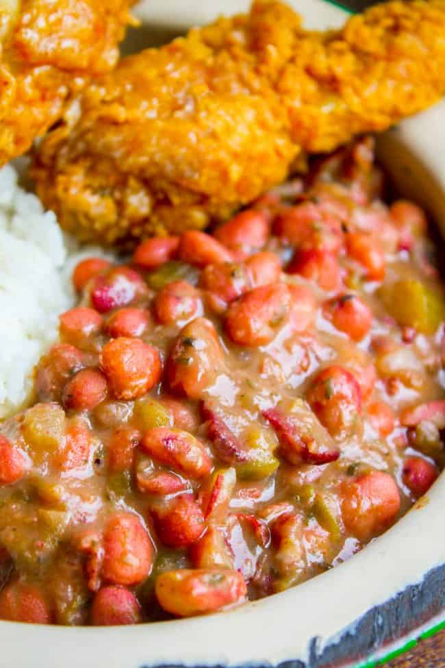 red beans and rice with fried chicken.