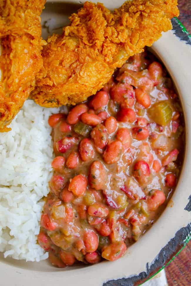 red beans and rice with fried chicken.