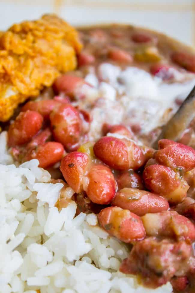 red beans and rice with fried chicken.