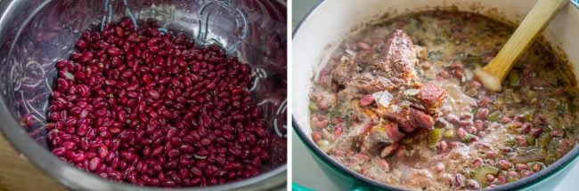 uncooked red beans in a bowl, red beans in a pot with a ham hock and vegetables.