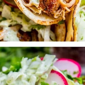 Two close-up images of slow cooker pork tacos filled with shredded chicken, sliced radishes, cilantro, creamy slaw, and served with a wedge of lime on lightly charred tortillas.