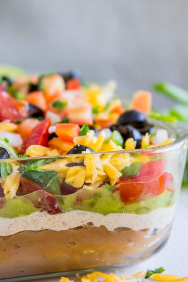 7 layer bean dip shot from the side.