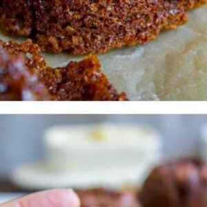 Close-up view of sticky pecan upside-down mini cakes; one rests on parchment paper while another is held to reveal its glossy caramelized pecan topping, reminiscent of the rich texture found in bran muffins.