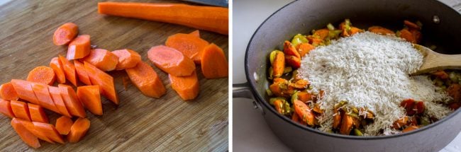 slicing carrots on a cutting board, adding rice to sauteed vegetables.