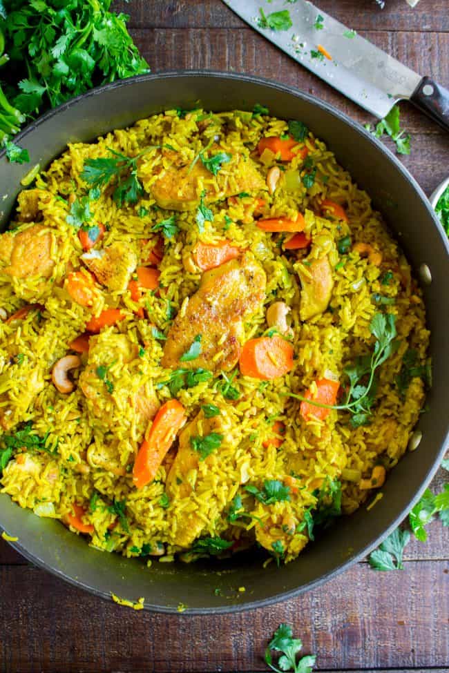 chicken biryani in a skillet.