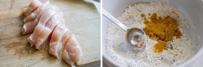 slicing chicken and mixing together spices.