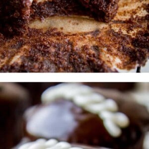 Hostess chocolate cupcakes with a shiny chocolate glaze and white icing loops on top. One cupcake is cut open, revealing a creamy white filling inside. The cupcakes rest on a cooling rack.