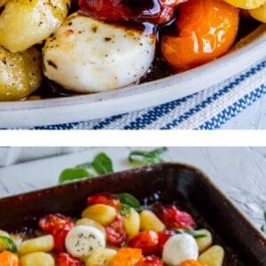 A close-up of sheet pan gnocchi with cherry tomatoes, mozzarella balls, and fresh basil, drizzled with balsamic glaze on a plate, with a baking tray of the dish shown below.