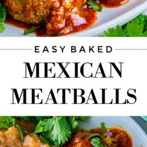 Close-up of juicy Mexican meatballs topped with red sauce and garnished with cilantro, served alongside rice, beans, fresh radish slices, and skewered for easy eating. Text overlay reads “Easy Baked Mexican Meatballs.”.