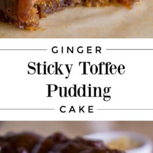 Close-up shots of a moist sticky toffee pudding cake, topped with rich, glossy toffee sauce and gooey caramel, highlighting its dense texture. Text in the middle reads Ginger Sticky Toffee Pudding Cake.