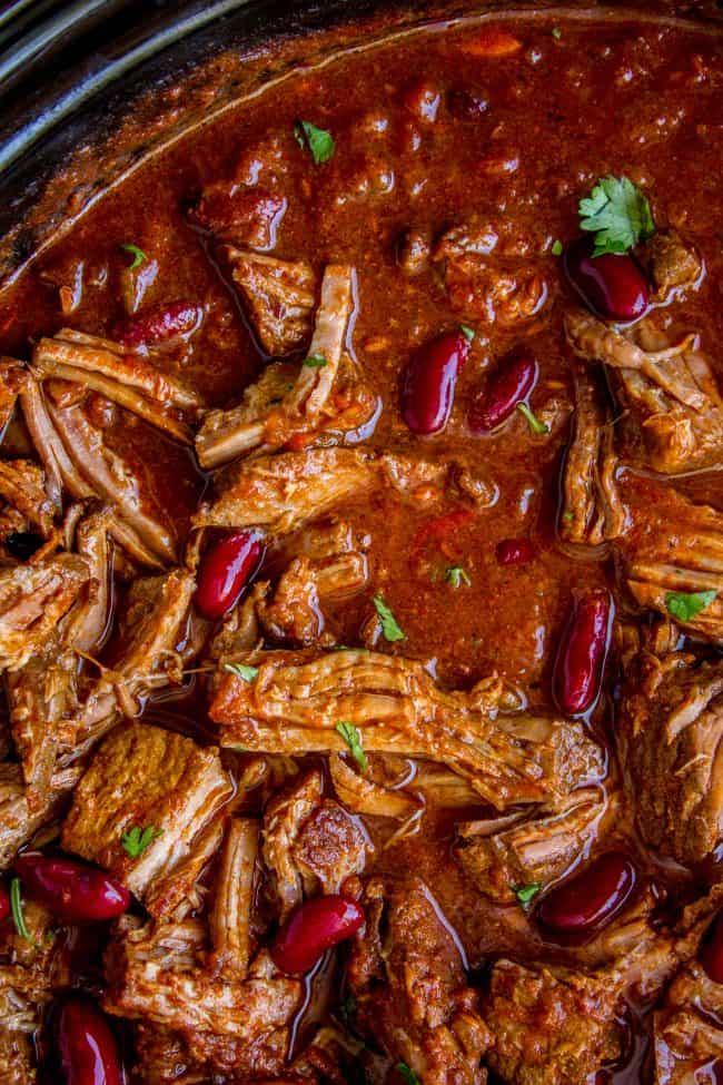 chili in a crock pot shot from above with cilantro.