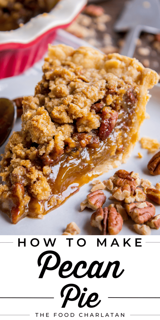 a slice of streusel topped pecan pie.