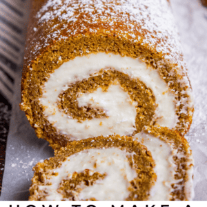pumpkin roll with cream cheese frosting, dusted with powdered sugar.