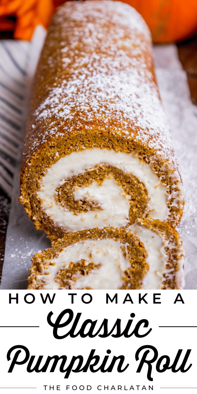 pumpkin roll with cream cheese frosting, dusted with powdered sugar.
