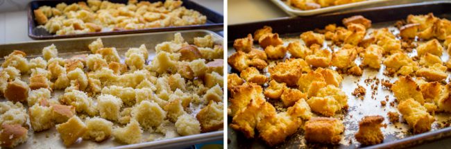 drying bread cubes on sheet pans.