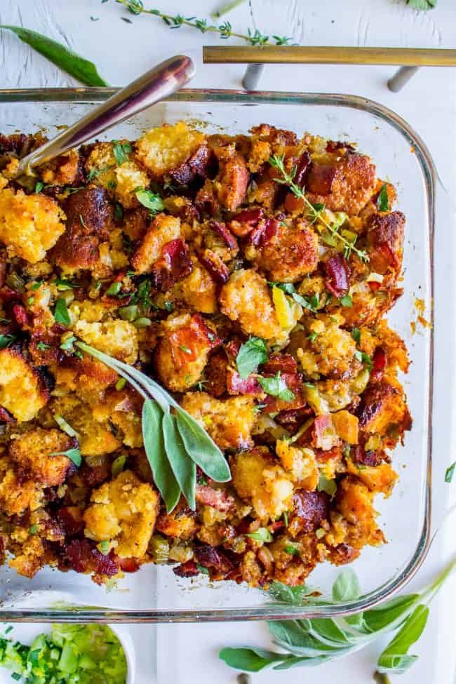 cornbread stuffing with bacon and sage in a 13x9 glass pan.